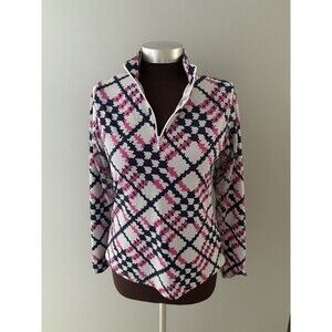 IBKUL 1/4 Zip Top Size S Pink Blue White Geo Mesh Inset UPF50 Golf Tennis